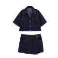 Women Dark Blue Denim Two Piece Set Contrast Stitching Short Sleeve Crop Jacket And Wrap Mini Skirt Skort Streetwear Casual Summer Outfit