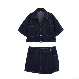 Women Dark Blue Denim Two Piece Set Contrast Stitching Short Sleeve Crop Jacket And Wrap Mini Skirt Skort Streetwear Casual Summer Outfit