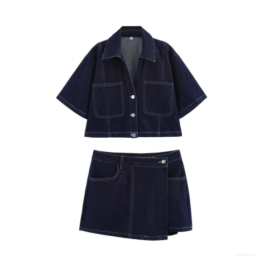 Women Dark Blue Denim Two Piece Set Contrast Stitching Short Sleeve Crop Jacket And Wrap Mini Skirt Skort Streetwear Casual Summer Outfit