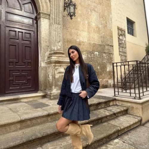 Women's Denim Style Two Piece Set Contrast Stitching Crop Bomber Jacket and High Waist Pleated Mini Skirt Streetwear Casual Outfit For Party Clubwear