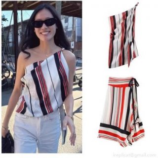Women's Asymmetrical Stripe Satin Top and Skirt Set Fashion One Shoulder Sleeveless Stripe Shirt and Tie Waist Wrap Midi Skirt Outfit