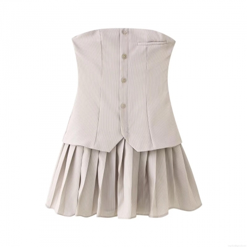 Women's Two Piece Skirt Set Strapless Tube Top And Pleated Mini Skirt Elegant Light Grey Fine Stripe Set Sexy Slim Fit Sleeveless Co-ord Set For Women Party Clubwear