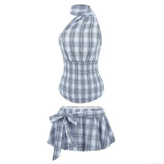Women Summer Plaid Two-Piece Set One-Shoulder Halter Smocking Top And Bow Tie Pleated Mini Skirt Set Casual Streetwear Co-ords