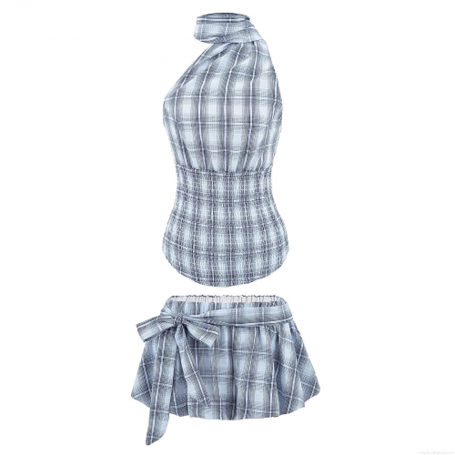 Women Summer Plaid Two-Piece Set One-Shoulder Halter Smocking Top And Bow Tie Pleated Mini Skirt Set Casual Streetwear Co-ords