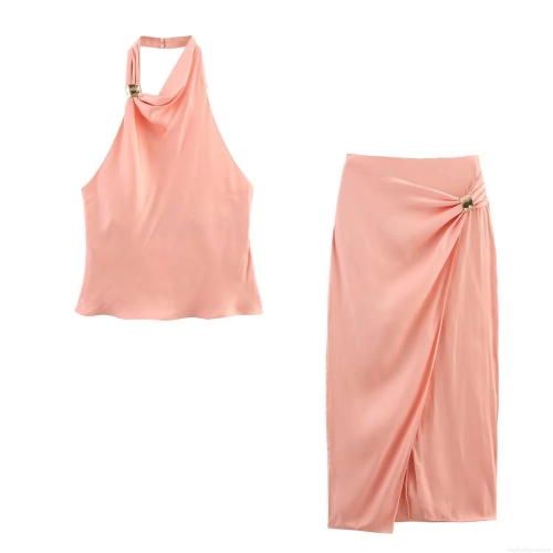 Women's Sexy Satin Two Piece Set Halter Backless Top With Gold Metal Decoration And Slit Midi Skirt Elegant Summer Party Peach Pink Outfits