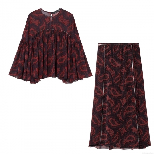 Women's Vintage Burgundy Paisley Print Two Piece Set Chiffon Long Sleeve Trumpet Sleeve Top And Midi Skirt Bohemian Casual Streetwear Outfits