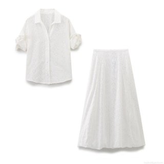 Women White Eyelet Embroidery Two Piece Set Elegant Hollow Out Short Sleeve Shirt and A-Line Skirt Sweet Summer Vacation Outfit Cotton Blend Top and Bottom