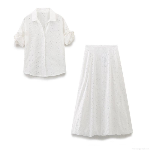 Women White Eyelet Embroidery Two Piece Set Elegant Hollow Out Short Sleeve Shirt and A-Line Skirt Sweet Summer Vacation Outfit Cotton Blend Top and Bottom