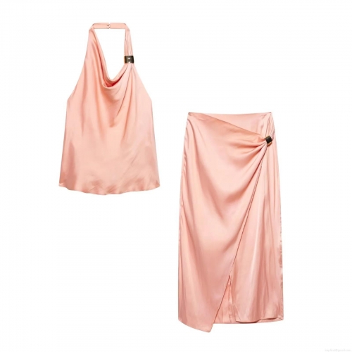 Women Elegant Pink Satin Two Piece Set Halter Neck Sleeveless Top and Wrap Midi Skirt with Gold Metal Buckle Sexy Party Clubwear Outfits