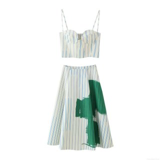 Women's Sexy Blue White Vertical Stripe Two-Piece Set Bandeau Strappy Top And A-Line Mini Skirt With Green Graffiti Print Cotton Blend Casual Summer Beach Outfit Streetwear