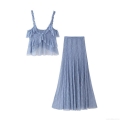 Women's Blue Floral Lace Ruffle Crop Cami Top And High Waist A-Line Maxi Skirt Set Elegant Summer Beach Vacation Two Piece Outfits Streetwear Party Dress