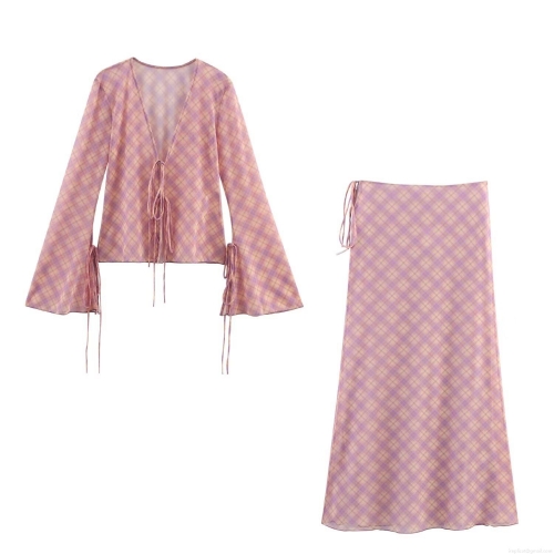 Women's Plaid Mesh Two Piece Set Sexy Long Sleeve V Neck Tie Front Top and Side Tie Maxi Skirt Casual See Through Grid Print Streetwear Outfit