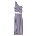 Women's Sexy One Shoulder Ruched Mesh Top And Long Skirt Two Piece Set Solid Lavender Purple Streetwear Party Clubwear Outfit