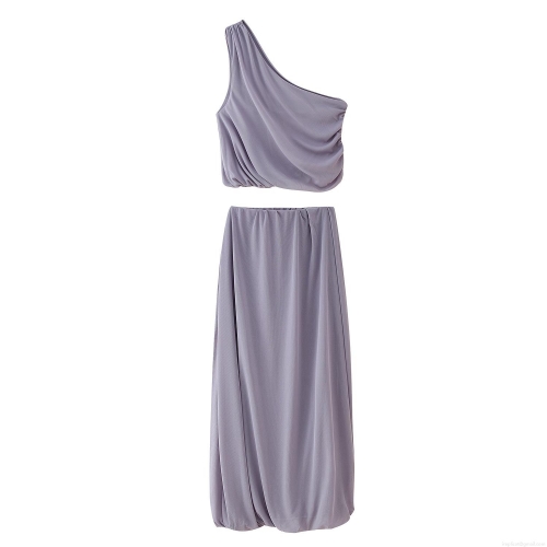 Women's Sexy One Shoulder Ruched Mesh Top And Long Skirt Two Piece Set Solid Lavender Purple Streetwear Party Clubwear Outfit