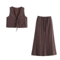 Women's 2 Piece Skirt Sets Pleated Sleeveless V Neck Tie Front Vest Top And High Waist Drawstring Long Skirt Casual Streetwear Outfits Set