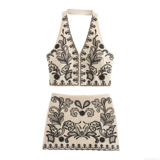 Women Halter Neck Two Piece Set Cotton Blend Floral Embroidery Crop Top And Mini Skirt Boho Style Summer Vacation Beach Outfits Sexy Sleeveless Suit