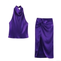 Sexy Women's Purple Satin Two Piece Set Halter Neck Backless Top And High Slit Knotted Midi Skirt Outfit For Party Club Vacation Summer Streetwear