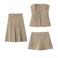Women's Brown Houndstooth 3-Piece Suit Set Cotton Polyester Tube Top With Pleated Midi Skirt And Shorts Vintage Streetwear Plaid Outfit For Women