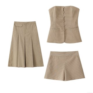 Women's Brown Houndstooth 3-Piece Suit Set Cotton Polyester Tube Top With Pleated Midi Skirt And Shorts Vintage Streetwear Plaid Outfit For Women