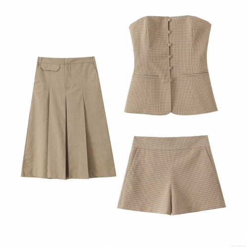 Women's Brown Houndstooth 3-Piece Suit Set Cotton Polyester Tube Top With Pleated Midi Skirt And Shorts Vintage Streetwear Plaid Outfit For Women