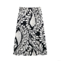 Women's Casual Black White Plant Leaf Print Two Piece Set Long Sleeve Round Neck Shirt And High Waist A-Line Midi Skirt Elegant Streetwear Outfit
