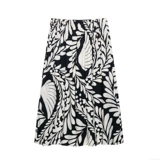 Women's Casual Black White Plant Leaf Print Two Piece Set Long Sleeve Round Neck Shirt And High Waist A-Line Midi Skirt Elegant Streetwear Outfit
