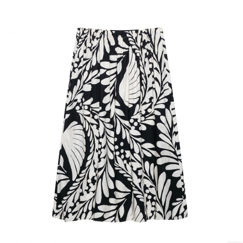 Women's Casual Black White Plant Leaf Print Two Piece Set Long Sleeve Round Neck Shirt And High Waist A-Line Midi Skirt Elegant Streetwear Outfit