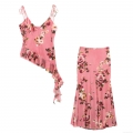 Women's Elegant Floral Print Skirt Set Polyester Mesh Asymmetrical Ruffle Camisole And Fishtail Maxi Skirt Backless Bohemian Beach Vacation Party Wear