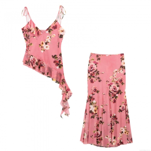 Women's Elegant Floral Print Skirt Set Polyester Mesh Asymmetrical Ruffle Camisole And Fishtail Maxi Skirt Backless Bohemian Beach Vacation Party Wear