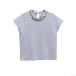 Women's Two Piece Knitted Outfit Set Short Sleeve Rhinestone Beaded Round Neck Top And Grey Pleated Mini Skirt Elegant Casual Summer Streetwear For Women