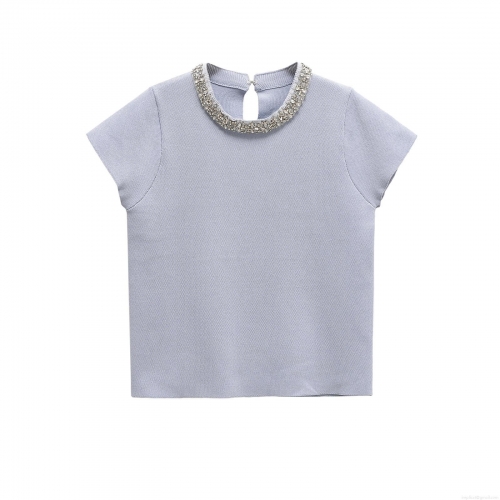 Women's Two Piece Knitted Outfit Set Short Sleeve Rhinestone Beaded Round Neck Top And Grey Pleated Mini Skirt Elegant Casual Summer Streetwear For Women