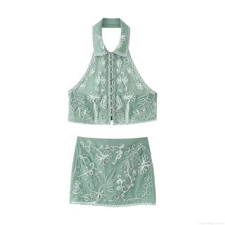 Women Two-Piece Set Halter Top and Mini Skirt Mint Green Floral Embroidery 100% Polyester Sleeveless Button Up Casual Streetwear Summer Vacation Outfit
