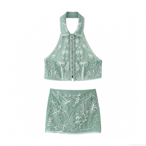 Women Two-Piece Set Halter Top and Mini Skirt Mint Green Floral Embroidery 100% Polyester Sleeveless Button Up Casual Streetwear Summer Vacation Outfit