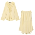 Women's Pale Yellow Two Piece Skirt Set Ruffled V Neck Long Sleeve Top and Drawstring Elastic Waist Midi Skirt Casual Summer Holiday Outfits