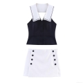 Women's Nautical Two Piece Set Sleeveless Contrast Sailor Collar Vest Top and Double Breasted High Waist Mini Skirt Cotton Blend Summer Casual Streetwear Outfit