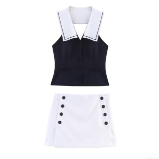 Women's Nautical Two Piece Set Sleeveless Contrast Sailor Collar Vest Top and Double Breasted High Waist Mini Skirt Cotton Blend Summer Casual Streetwear Outfit