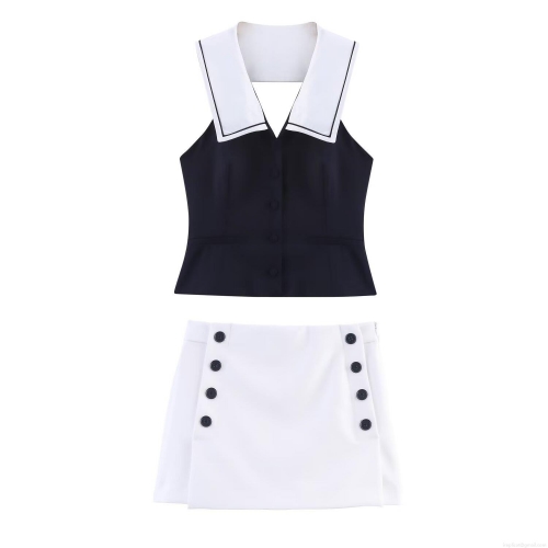 Women's Nautical Two Piece Set Sleeveless Contrast Sailor Collar Vest Top and Double Breasted High Waist Mini Skirt Cotton Blend Summer Casual Streetwear Outfit
