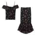 Women Mesh Floral Print Two Piece Skirt Set Ruffle Off Shoulder Cami Top And High Waist Fishtail Midi Skirt Outfits For Casual Party Vacation