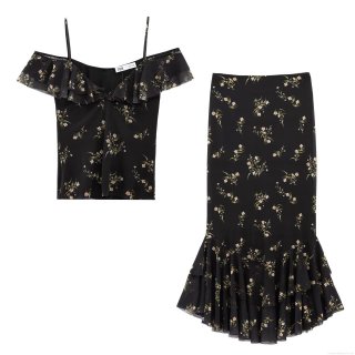 Women Mesh Floral Print Two Piece Skirt Set Ruffle Off Shoulder Cami Top And High Waist Fishtail Midi Skirt Outfits For Casual Party Vacation