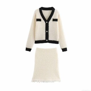 Women's Elegant Knitted 2-Piece Skirt Set Contrast Color V-Neck Cardigan And Mini Skirt With Tassel Edge For Autumn Spring Office Casual Lady