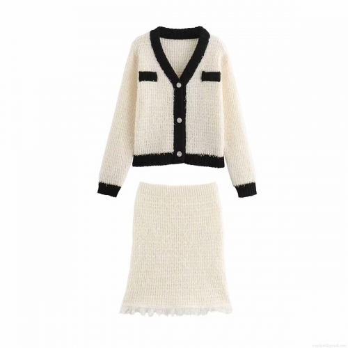 Women's Elegant Knitted 2-Piece Skirt Set Contrast Color V-Neck Cardigan And Mini Skirt With Tassel Edge For Autumn Spring Office Casual Lady