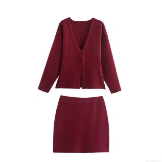 Women's Sexy V-Neck Long Sleeve Knitted Cardigan And Bodycon Mini Skirt Two Piece Set 100% Polyester Solid Burgundy Casual Streetwear Knitwear Outfit