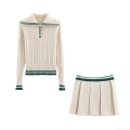 Women's Preppy Style 2 Piece Knit Skirt Set Contrast Stripe Trim Long Sleeve Lapel Cable Knit Sweater And Mini Pleated Skirt Outfits
