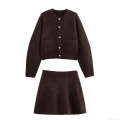 Women's Knit Two Piece Set Round Neck Cardigan With Gold Buttons And Mini A-Line Skirt Fashion Streetwear Brown Polyester Outfits For Daily Wearing