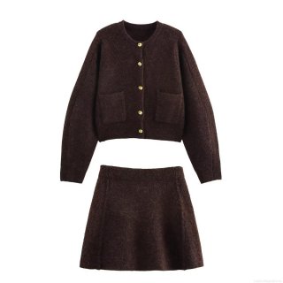 Women's Knit Two Piece Set Round Neck Cardigan With Gold Buttons And Mini A-Line Skirt Fashion Streetwear Brown Polyester Outfits For Daily Wearing