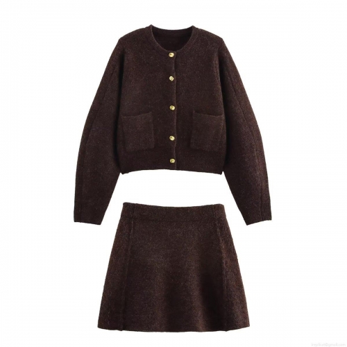 Women's Knit Two Piece Set Round Neck Cardigan With Gold Buttons And Mini A-Line Skirt Fashion Streetwear Brown Polyester Outfits For Daily Wearing