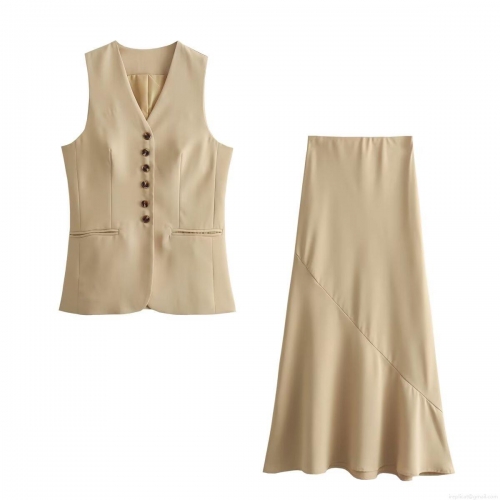 Women V Neck Single Breasted Vest Waistcoat And Midi Skirt 2 Piece Set Elegant Office Lady Commuter Outfits Solid Color Polyester Sleeveless Tops Skirts