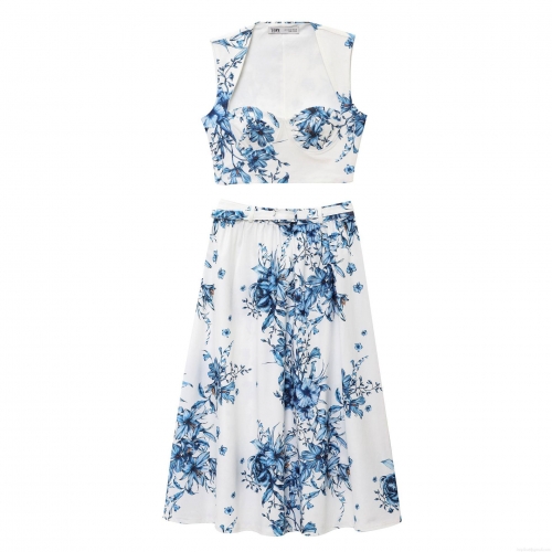 Women's 2-Piece Summer Set Floral Halter Crop Top and High Waist Midi Skirt Cotton Blend Casual Vacation Streetwear Outfit for Women Ladies