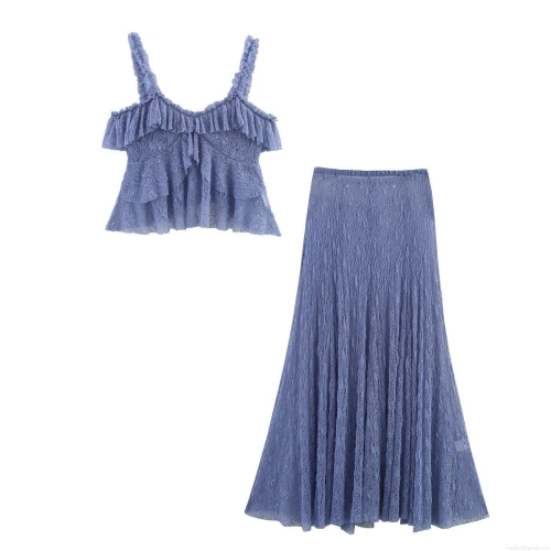 Women Sexy Lavender Lace Two Piece Set Elegant Ruffled Camisole Crop Top and High Waist Hollow Out Long A Line Skirt Set For Party Vacation