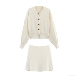 Women's Two Piece Knit Skirt Set Long Sleeve Cardigan And Mini Skirt With Flower Metal Buttons Round Neck Solid Color Streetwear Outfits